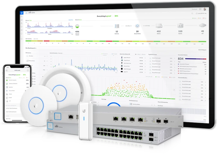Linha UniFi da Ubiquiti: pontos de acesso, switch, controlador e o painel de gestão.